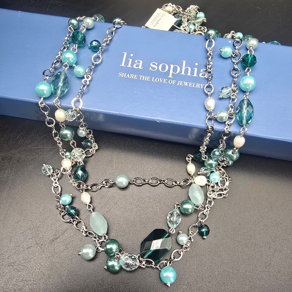 Lia Sophia Breezeway Necklace In Box Silver Tone Blue Teal Beaded